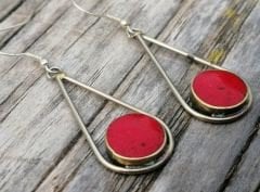 El Yapımı Bakır Su Damlası Vintage Küpe- Mercan