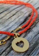 Ntak-24 Tasarım Afgan  Altın Kalp  Kolye Kırmızı