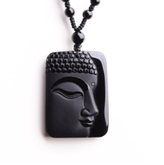 Budha Oymalı Doğal Obsidyen Taşı Kolye