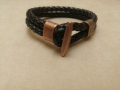 Bakır Aparatlı Siyah Örme Deri Bileklik Uniseks