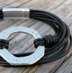 Katmanlı  Deri Kordonlu Gümüş Halka Bileklik