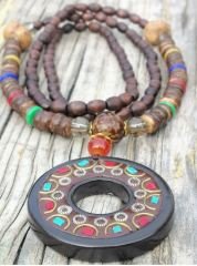 Doğal Taş Süslemeli Ahşap Uzun Mala Kolye