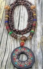 Doğal Taş Süslemeli Ahşap Uzun Mala Kolye