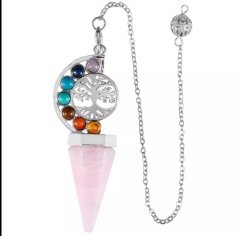 Pembe Kuvars  7 Çakra Pandül /Sarkaç Gümüş