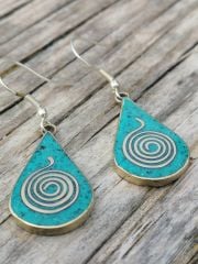 El Yapımı Bakır Su Damlası Vintage Küpe- Firuze