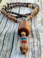 Doğal Taş Süslemeli  Ahşap Uzun Mala Kolye