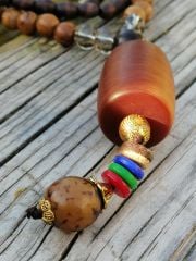 Doğal Taş Süslemeli  Ahşap Uzun Mala Kolye